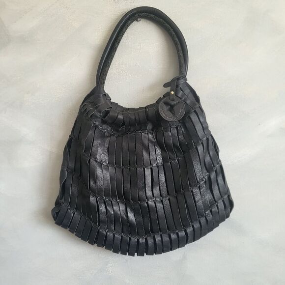 Pikolinos Black Leather Shredded Woven boho Shoulder Back Whipstich 15 x 12 - Picture 1 of 10